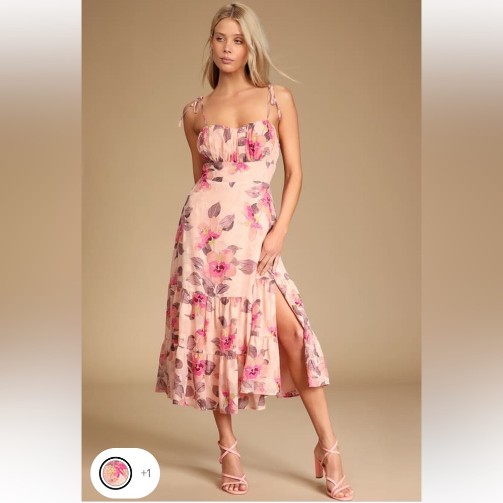 Lulu’s Pink Floral Print Tie-Strap Tiered Midi Dress